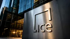 Modern architecture with ICE logo at dusk